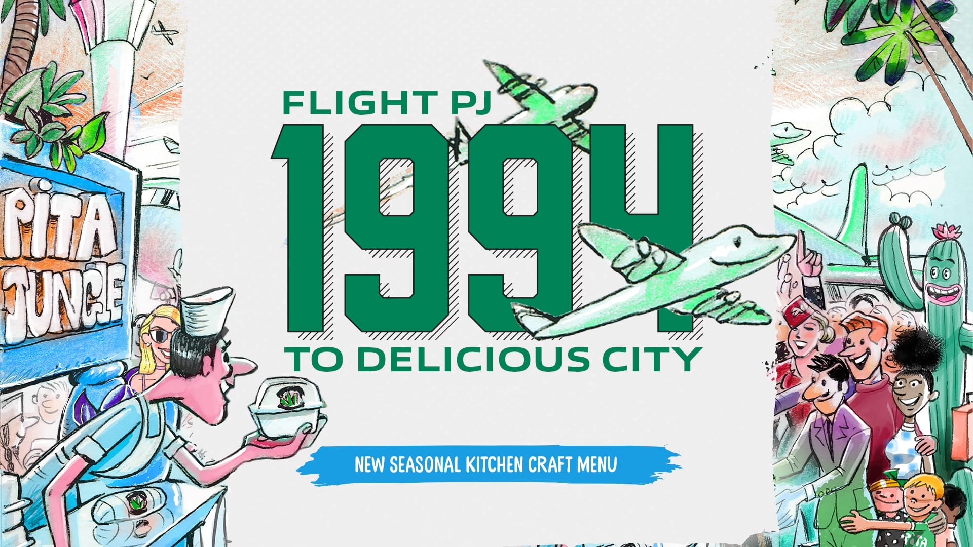 Banner text reading "flight pj 1994 to delicious city" illustrations to the side of the text.